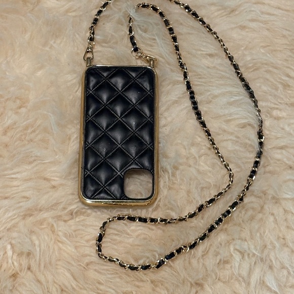 Other - Black Quilted Patent Leather Phone Case with Necklace Chain